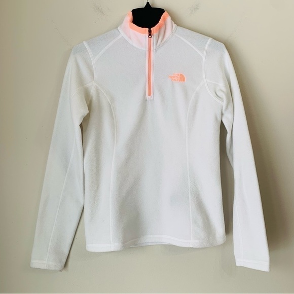 THE North Face woman’s quarter Zip up Fleece Sweater White highlighter Orange XS - Picture 1 of 14